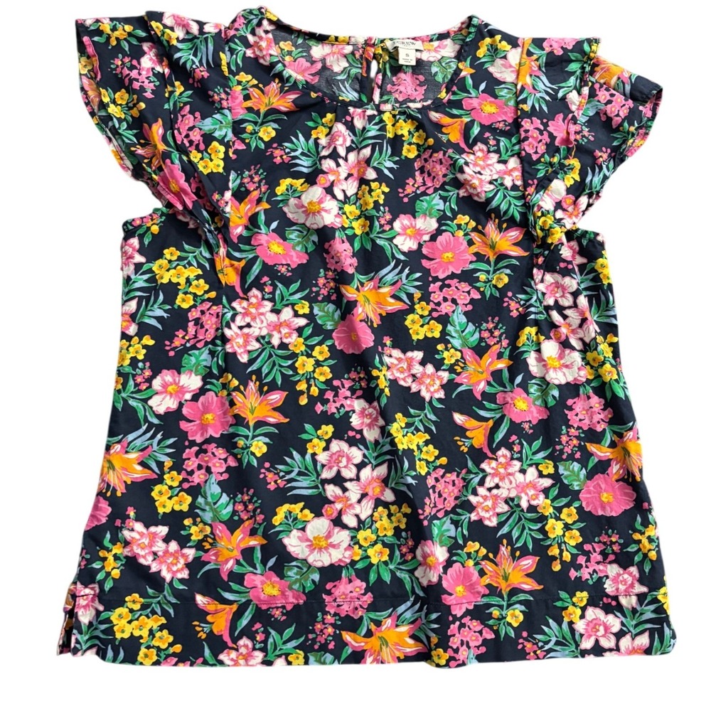 J.Crew Garden‎ Ruffle Cap Sleeve Floral Navy Top 100% Cotton, Small